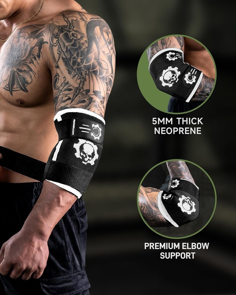 M MANUEKLEAR MANUEKLEAR 5mm Neoprene Weight Lifting Elbow Sleeves for Men (1 Pair), Elbow Sleeves Weightlifting Men with 2 Adjustable Compression Straps for Bench and Powerlifting & Weightlifting - Image 3